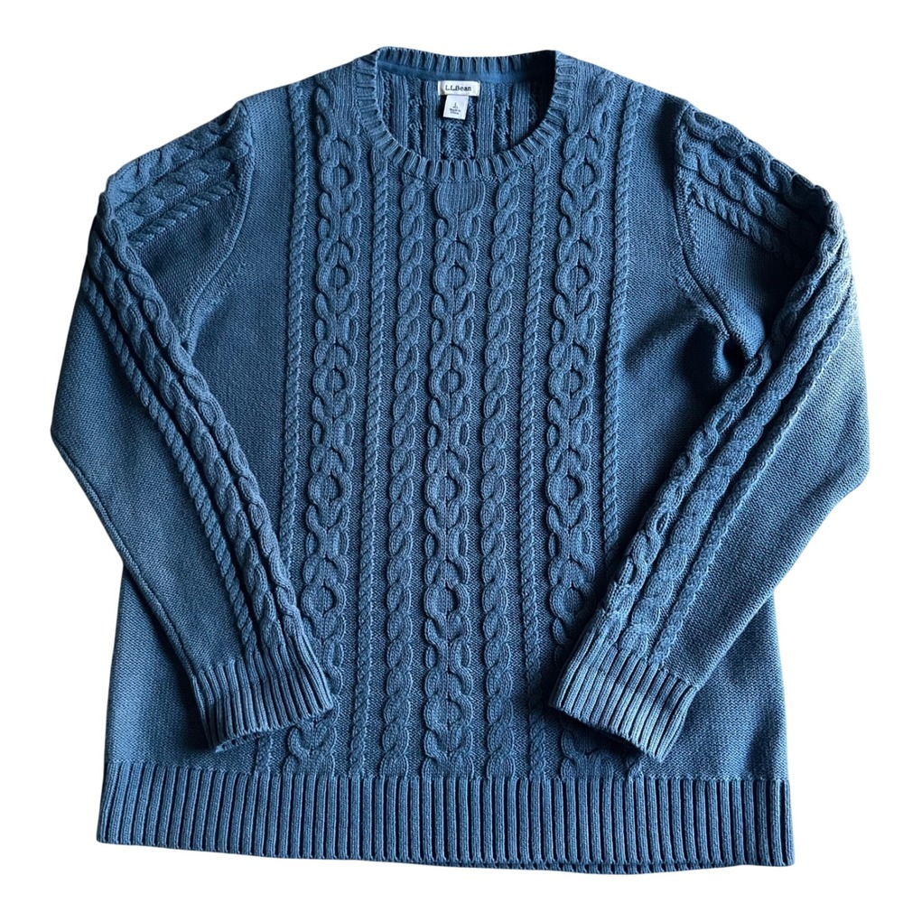LL Bean Cable Knit Sweater Women L Blue Crew Neck Cotton Pullover Preppy Coastal